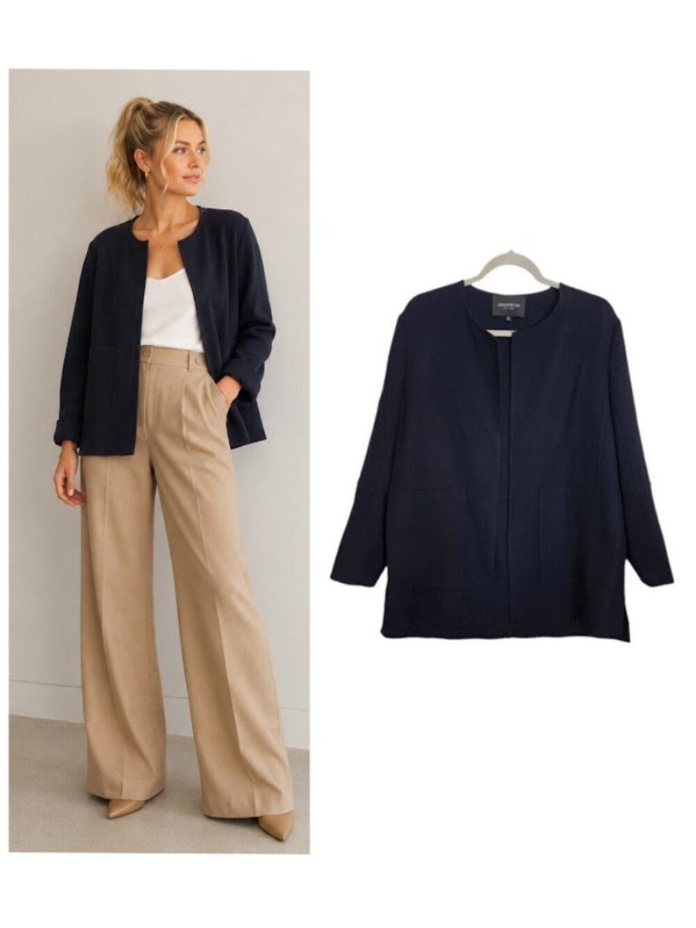 Lafayette 148 100% Wool Blazer Jacket Longline Open Front Navy 12